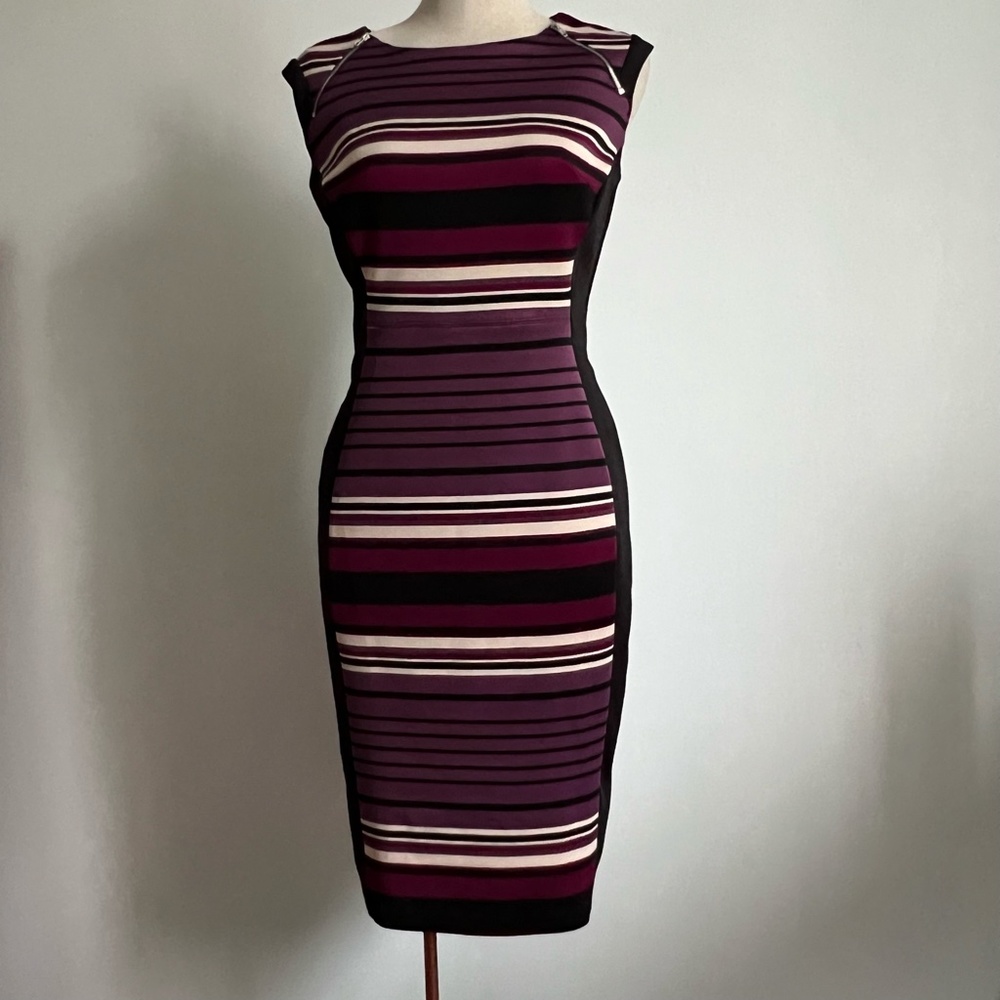 Enfocus Studio -  Burgundy,  Black & Cream Stripped Bodycon Midi Dress